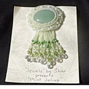 Adventurine cabochon, Swarovski crystals handmade brooch pin 4.5" long